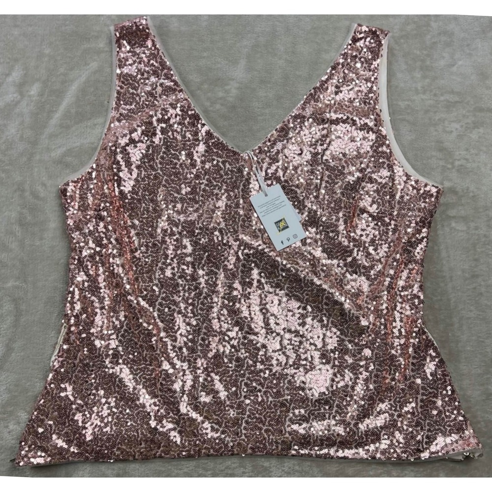 Grace Karin Rose Gold Sequin V-Neck Tank Top Side Zip Sleeveless Party Shell NWT